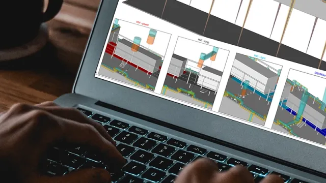 View over the shoulder of a person looking at a laptop screen. It shows the 3D model of a building.