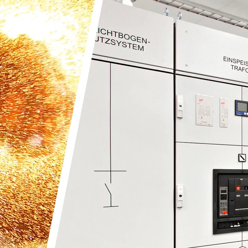 Arc flash with bright sparks on the left, next to an electrical switchgear cabinet with protection system and control panels on the right.