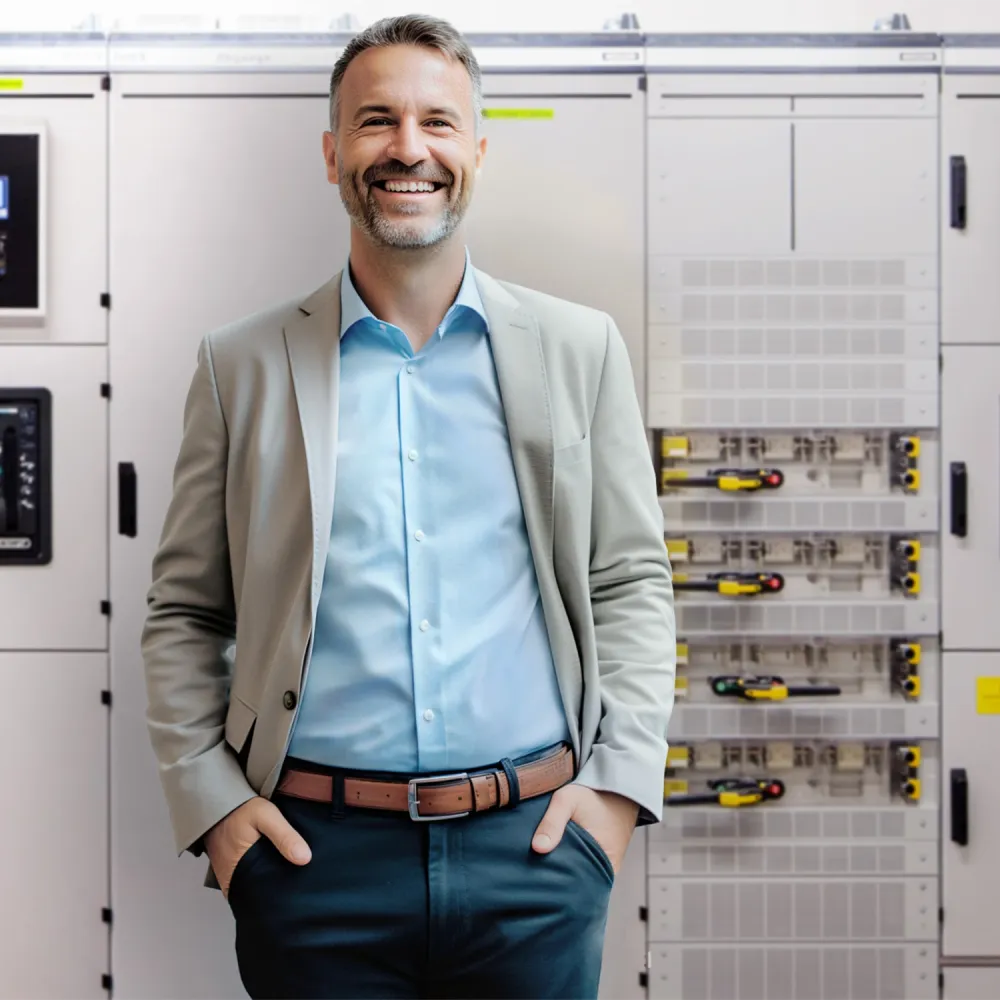 Man in light gray blazer, light blue shirt, and dark pants stands with hands in pockets in front of an electrical control panel with multiple switches and displays.