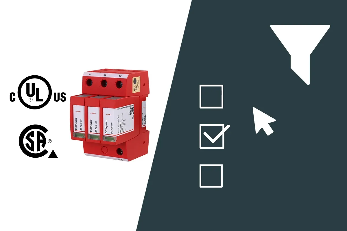 Red DEHNguard M UL surge arrester with UL and CSA certification icons and filter/selection symbols.